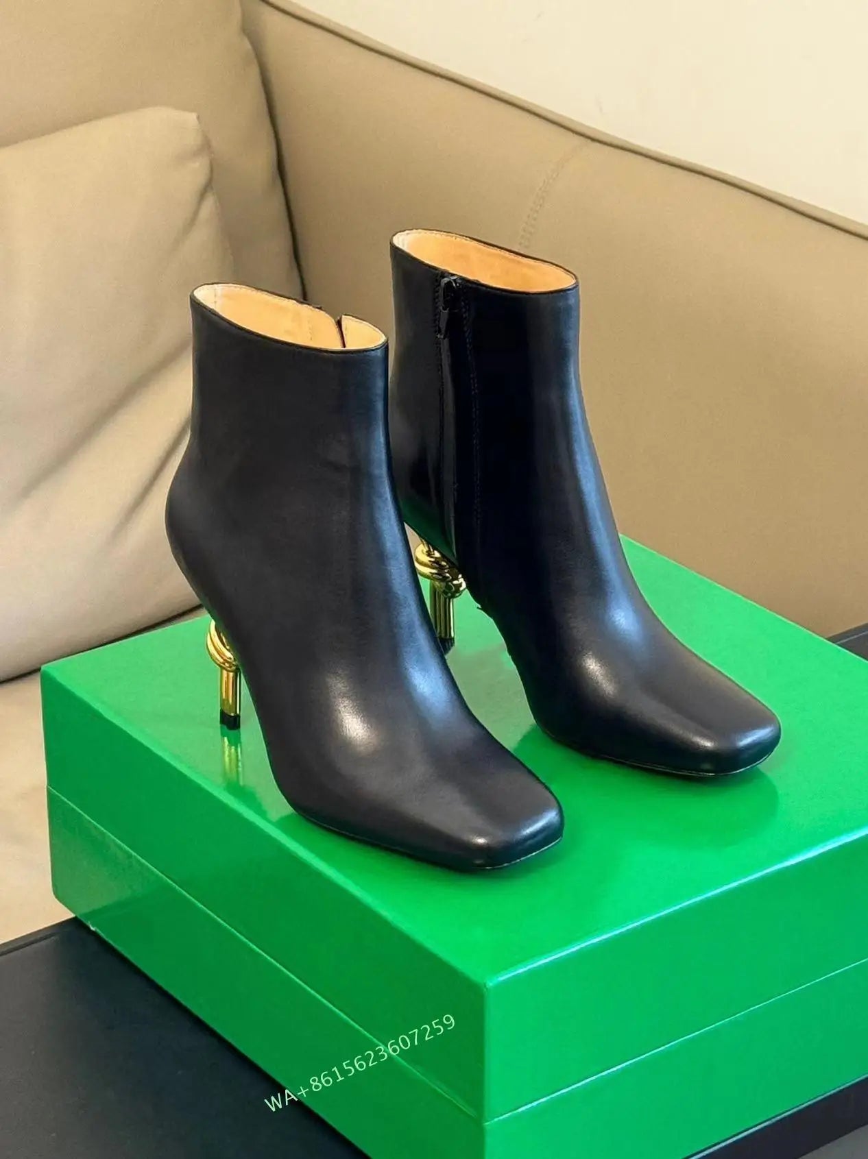 Women Metal Knot Shaped Heel Boots High Heel Ankle Nude Boots Elegant Office Side Zip Square Toe Heels Boots