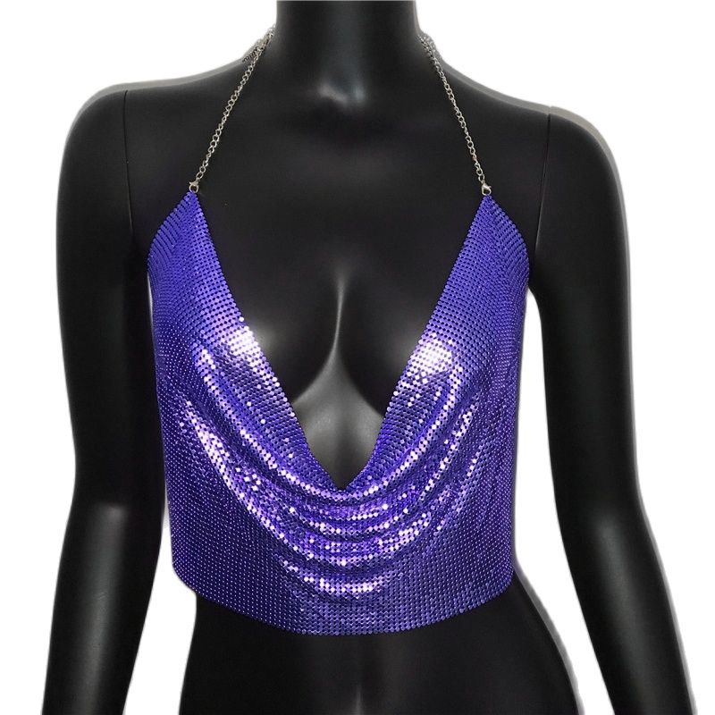 Women 2024 Sexy Metal Sequined Tank Camis Summer Gold Silver Backless Cropped Glitter Beach Club Show Wear Tank Tops Purple 25 cm One Size