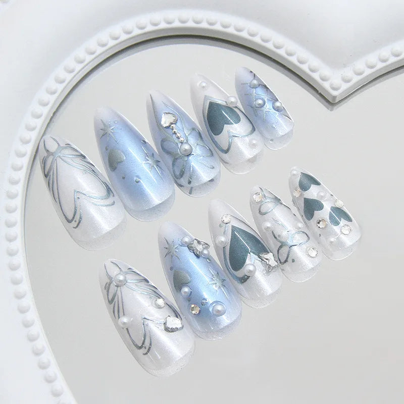 24pcs Y2k Love False Nails Sweet Cool Blue Blush Butterfly Print Fake Nails Tips Wearable Detachable Almond Press on Nails