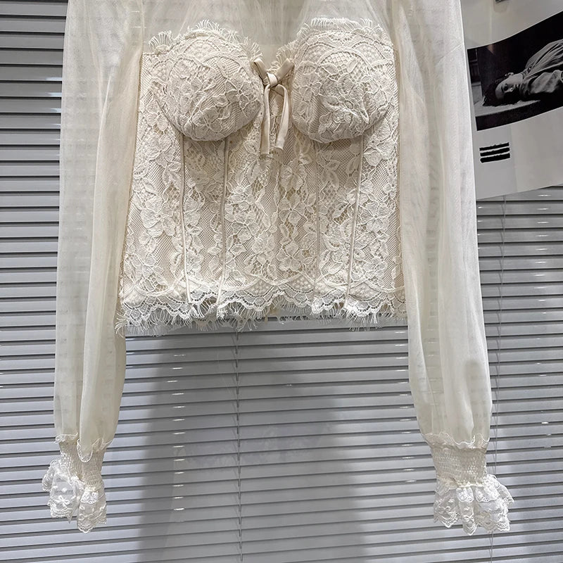 Winter New Fashion Style Elegant Bow Lace Patchwork Chest Pad Chiffon Blouse For Women Short Small Shirt 11A07927