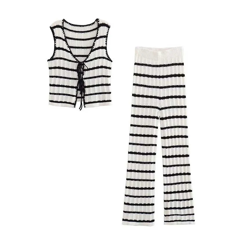 TRAF Women Fashion Summer 2 Pieces Set Black And White Striped V-Neck Lace-Up Tops+Knitted High Waist Wide Leg Pants Female Suit Suit