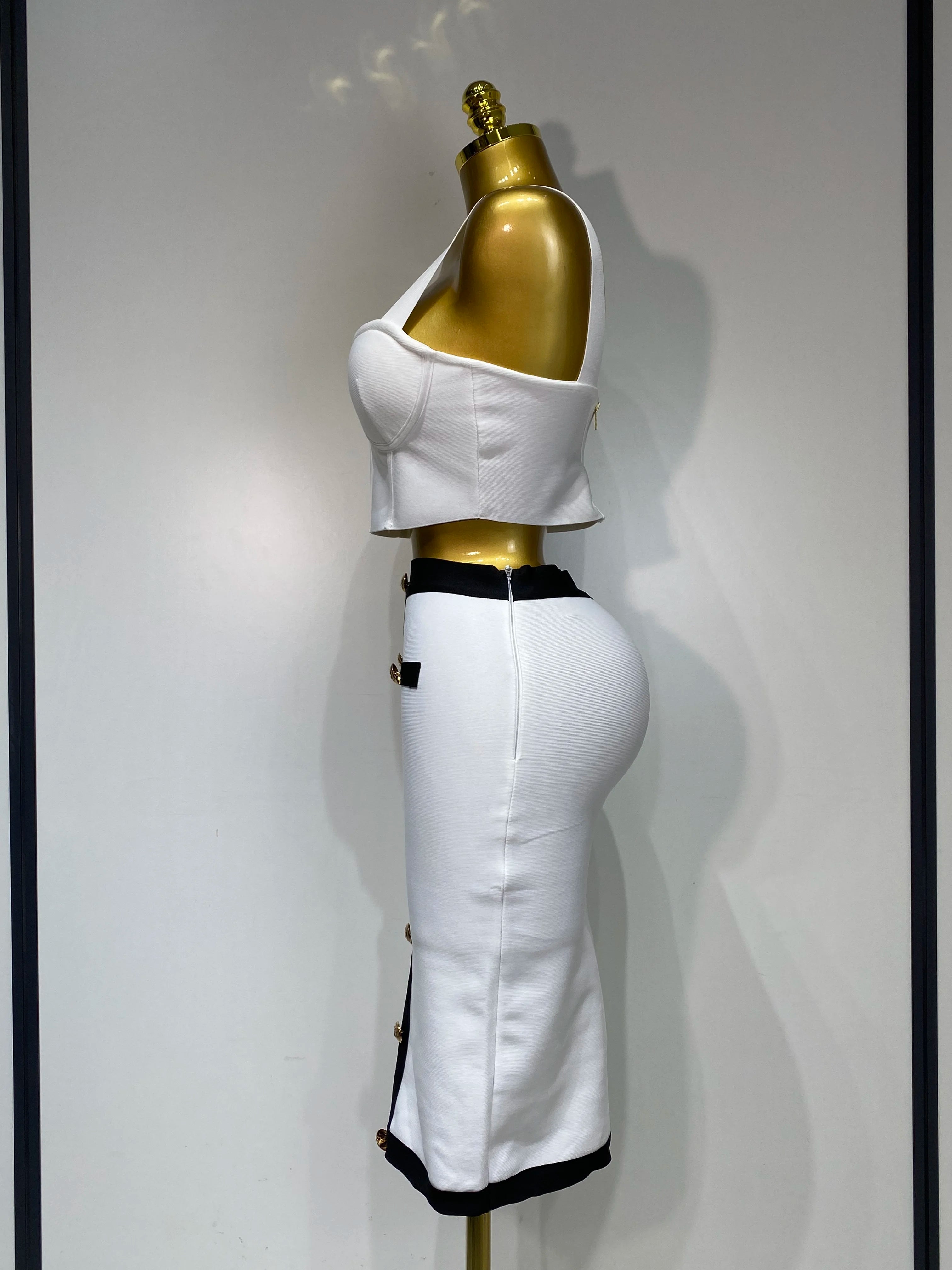 Women Button Patchwork White Black Bodycon Bandage Two Piece Set 2025 Designer High Waist Party Club Skirt Set