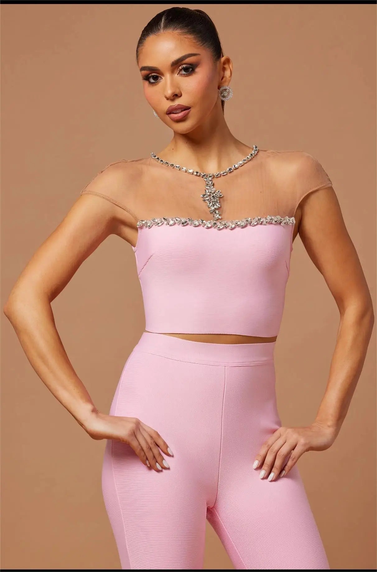 New Fashion Pink Color Women Sexy Mesh Crystal Tops Bandage Pants 2 Pieces Bodycon Set High Street Evening Party Set