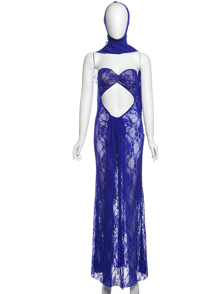 Lace See Through Strapless Sexy Maxi Dress For Women Gown Halter Hollow Out Sleeveless Backless High Split Long Dress Blue
