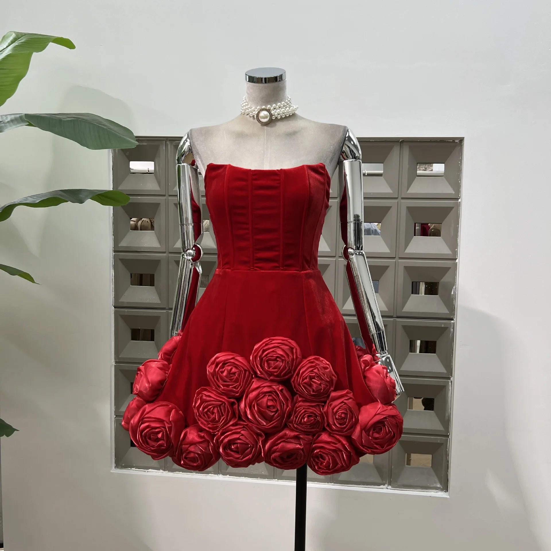 Black Red Women Sexy Strapless Velvet Ball Gown Mini Cute Dress Birthday Party Girls' Date Photo Shoot Outfit Vestido