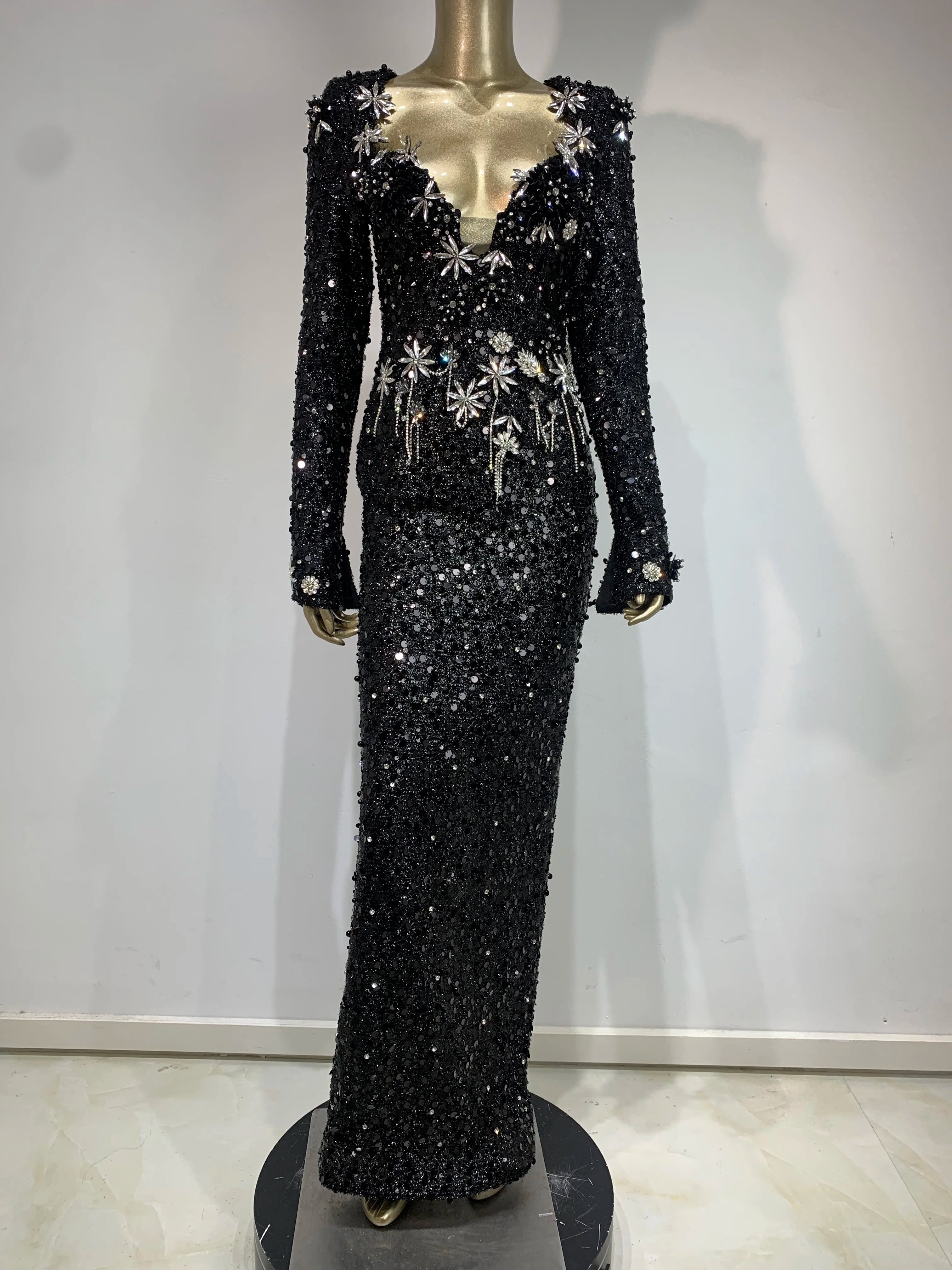 Women Celebrity Sexy Long Sleeve Sequins Diamonds Crystal Sparkly Maxi Long Gowns Dress 2024 Elegant Evening Party Club Vestido