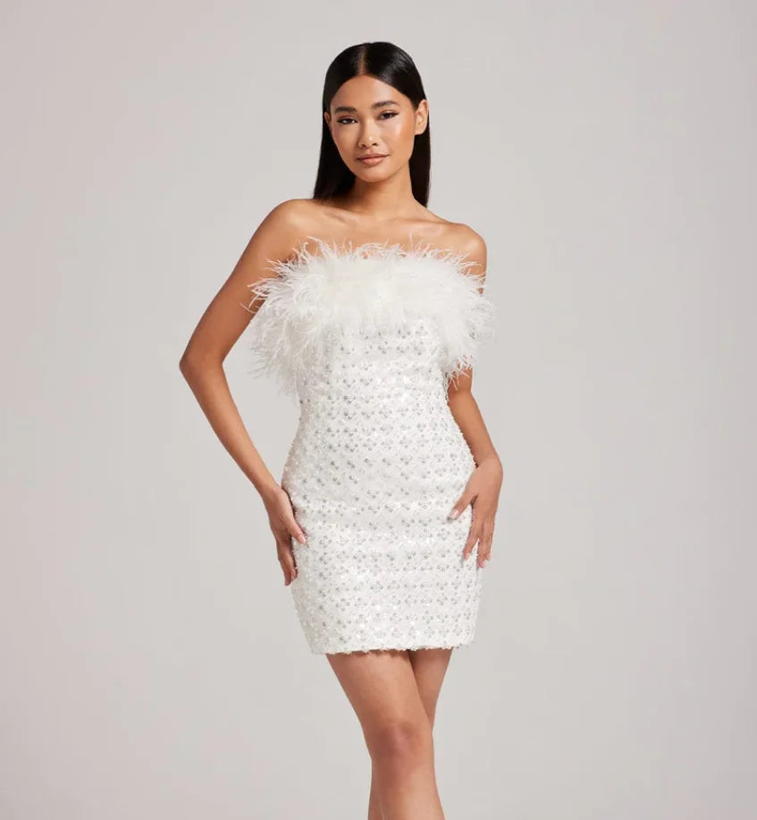 2024 New Luxury Feather Sequins Beading White Strapless Mini Dress Celebrity Birthday Party Evening Dress Wedding Party outfit WHITE