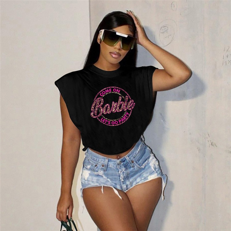 Summer Fashion Barbie Women T-Shirt Tops Kawaii Cartoon Anime Girls Loose Sleeveless Tees Sports Casual Sexy Short Sleeves Tops black