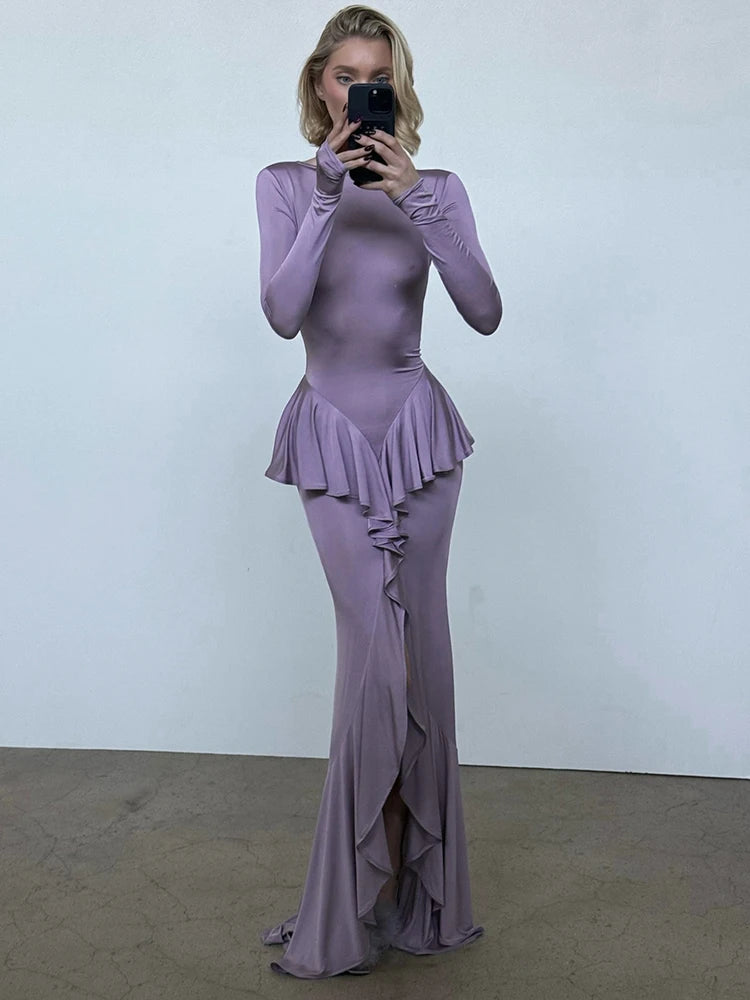 Backless Ruffled Sexy Maxi Dress For Women Gown Fashion O Neck Long Sleeve Thigh High Split Evening Long Dress Elegant
