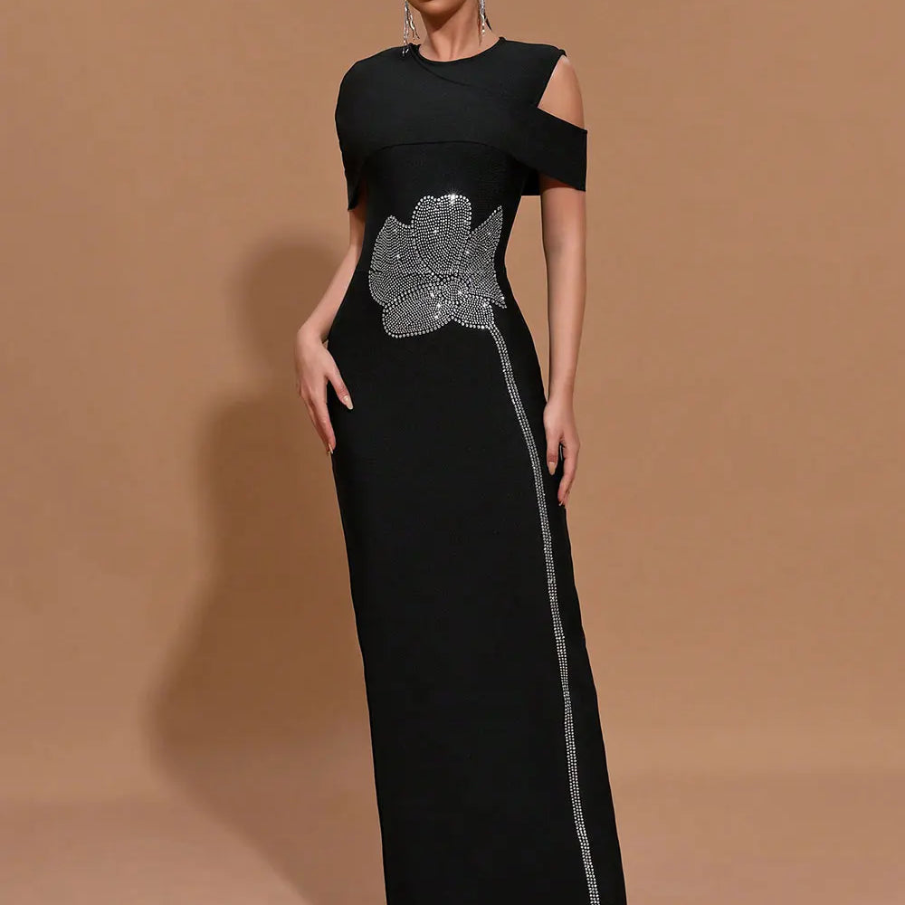 2025 Elegant Women Light Luxury Hot Diamond Flower Design Bandage Dress O-Neck Shoulder Bodycon Long Dress Evening Party Vestido