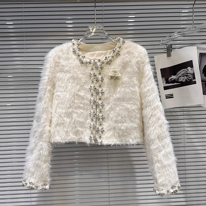 Winter New Fashion Rhinestone Pearl Edge Heavy Industry Cotton Lined Short Coat For Women Elegant Jacket 11A07832 Milky White