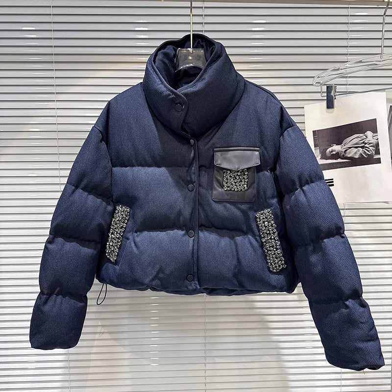 Winter New Fashion Heavy Industry Rhinestone Beaded Stand Collar Warm Jacket For Women Cotton-padded Coat 11A07467 Navy Blue One Size