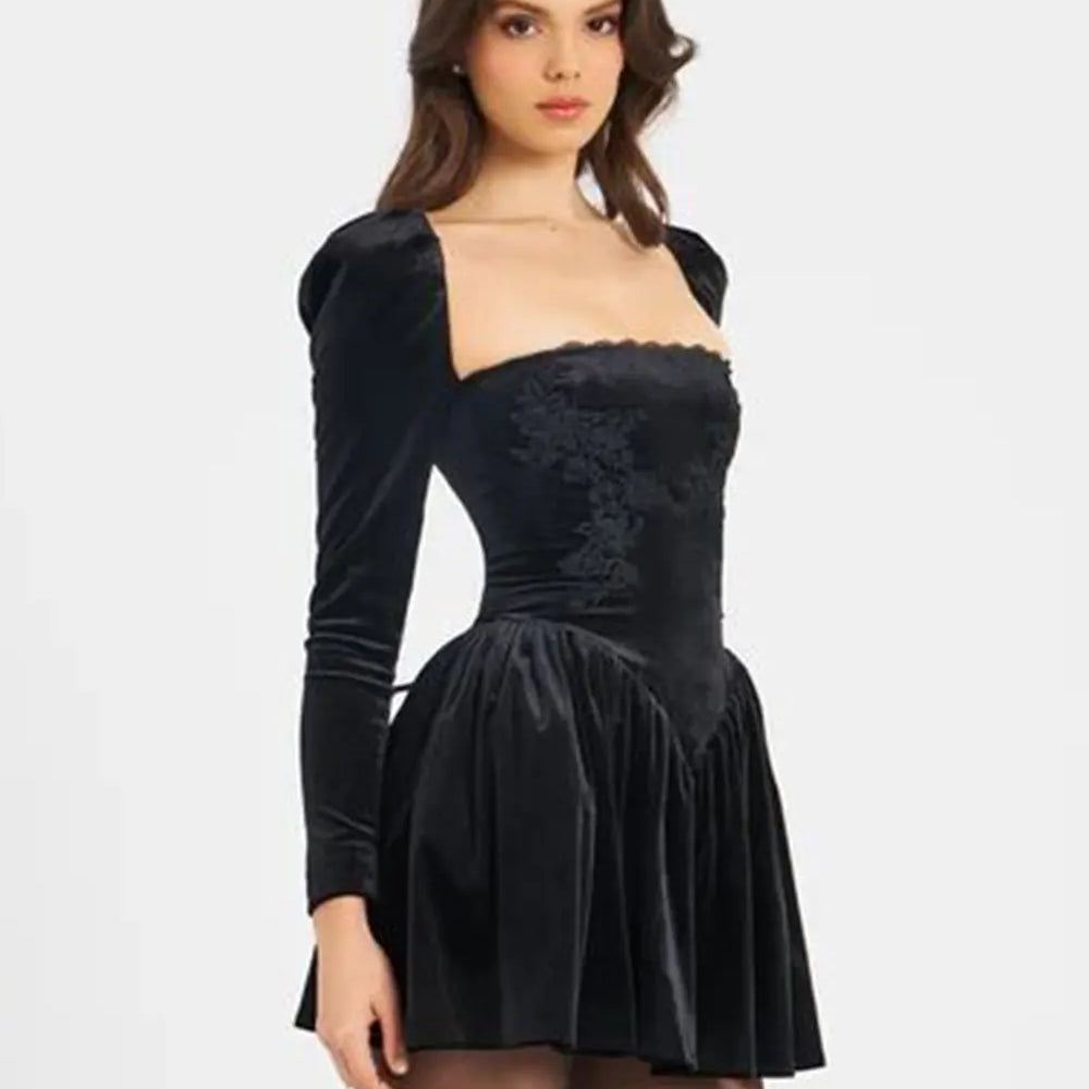 2024 Sexy Women's Christmas Dress Lace Square Collar Bubble Long Sleeve Slimming Bareback Drawstring pleated Mini Dress Vestidos