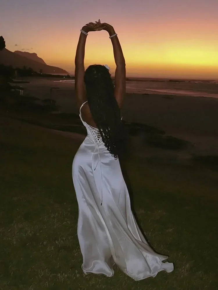 Elegant Solid Satin Ruffles Sling Long Dress Lady Sexy Square Collar Backless Sleeveless Lace Up Robes Chic Women Party Dresses