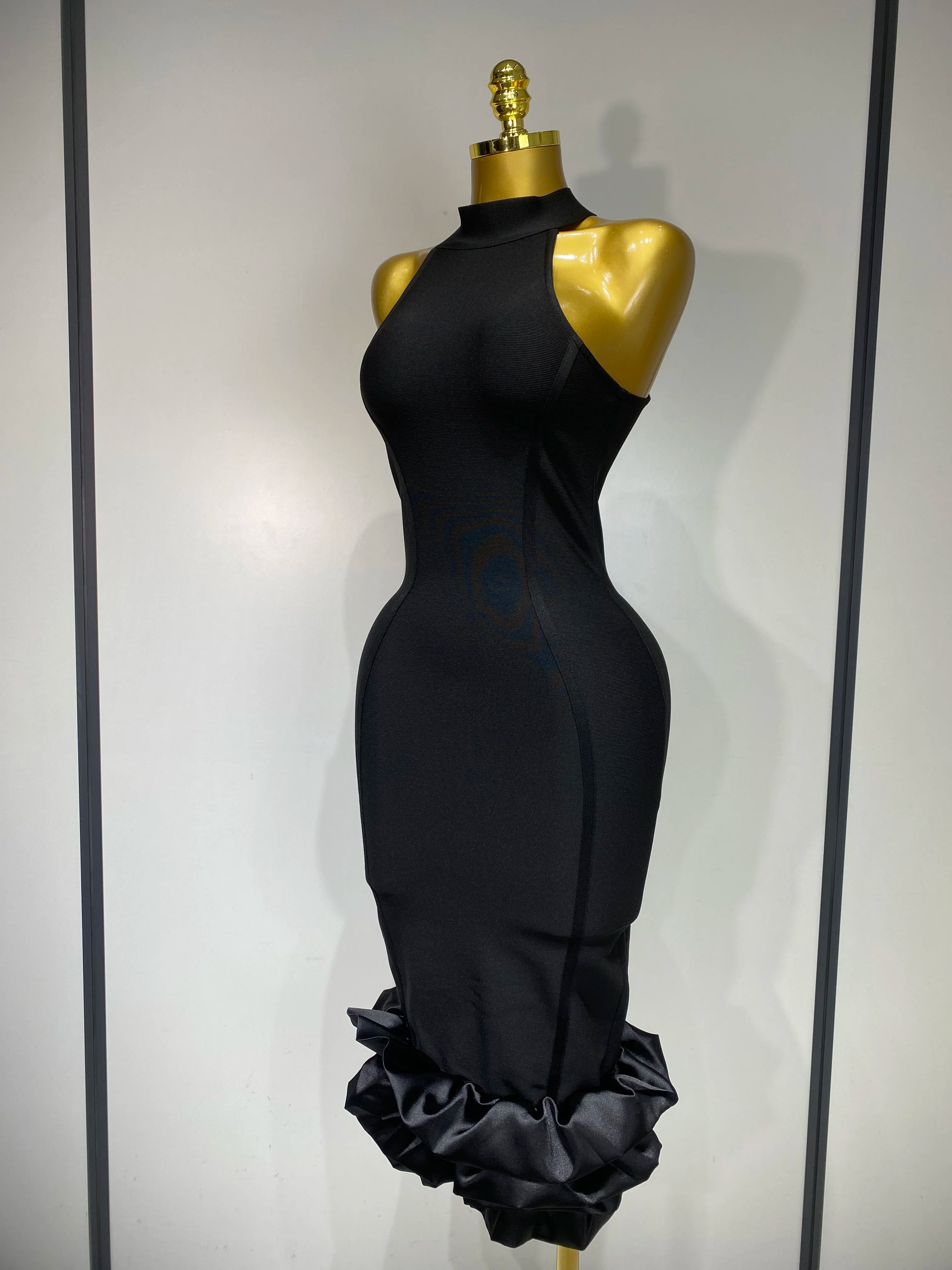 Women Sexy High Collar Ruffle Black Bandage Dress Sheath Sleeveless Party Prom Gown Elegant Formal Luxury Birthday Club Dresses