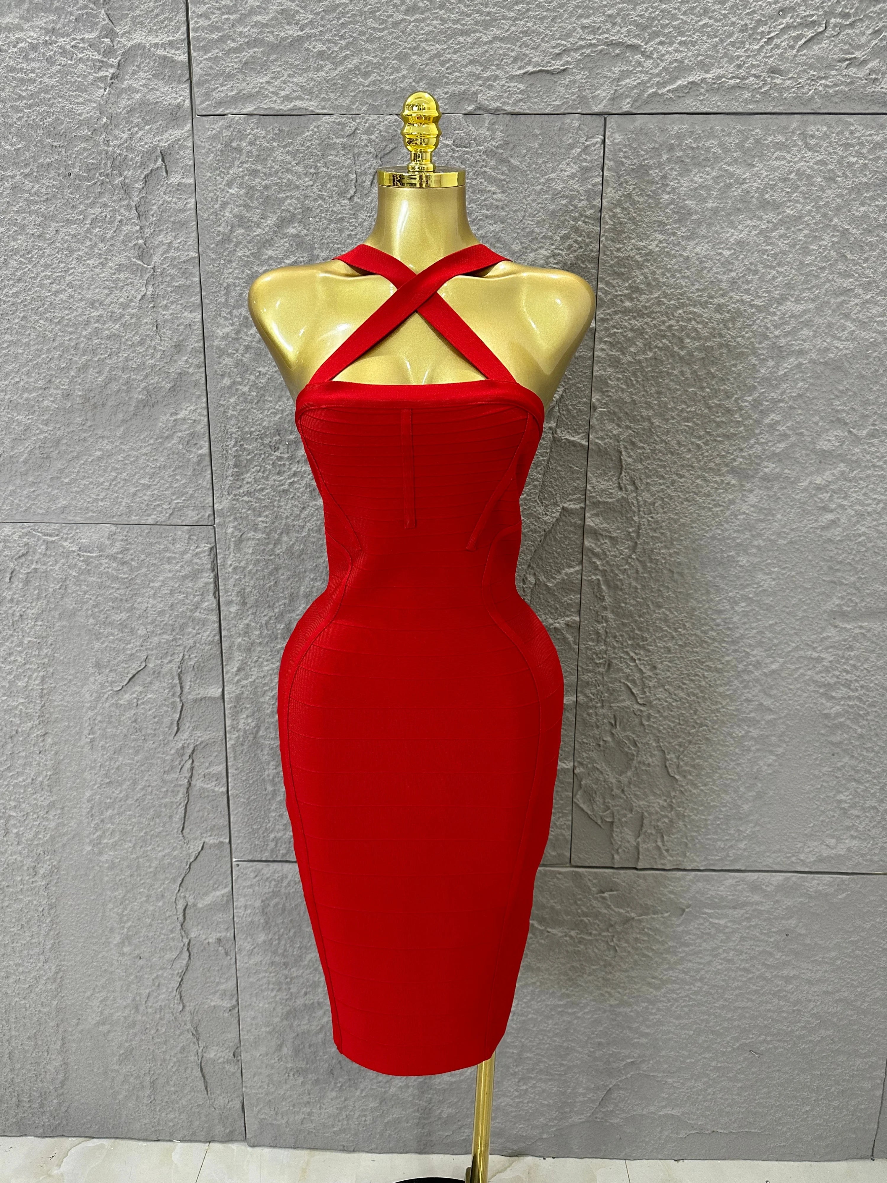 Elegant Red Halter Neck Mini Dress Women Sexy Criss Cross Strap Bandage Form-Fitting Outfit Cocktail Party Costume Red