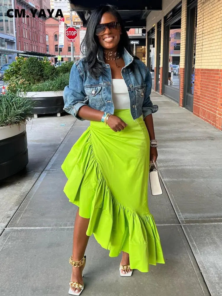 Women Ruffles Hem Asymmetrical High Waist Maxi Long Skirt 2022 Autumn Winter Streetwear INS Fashion Skirts