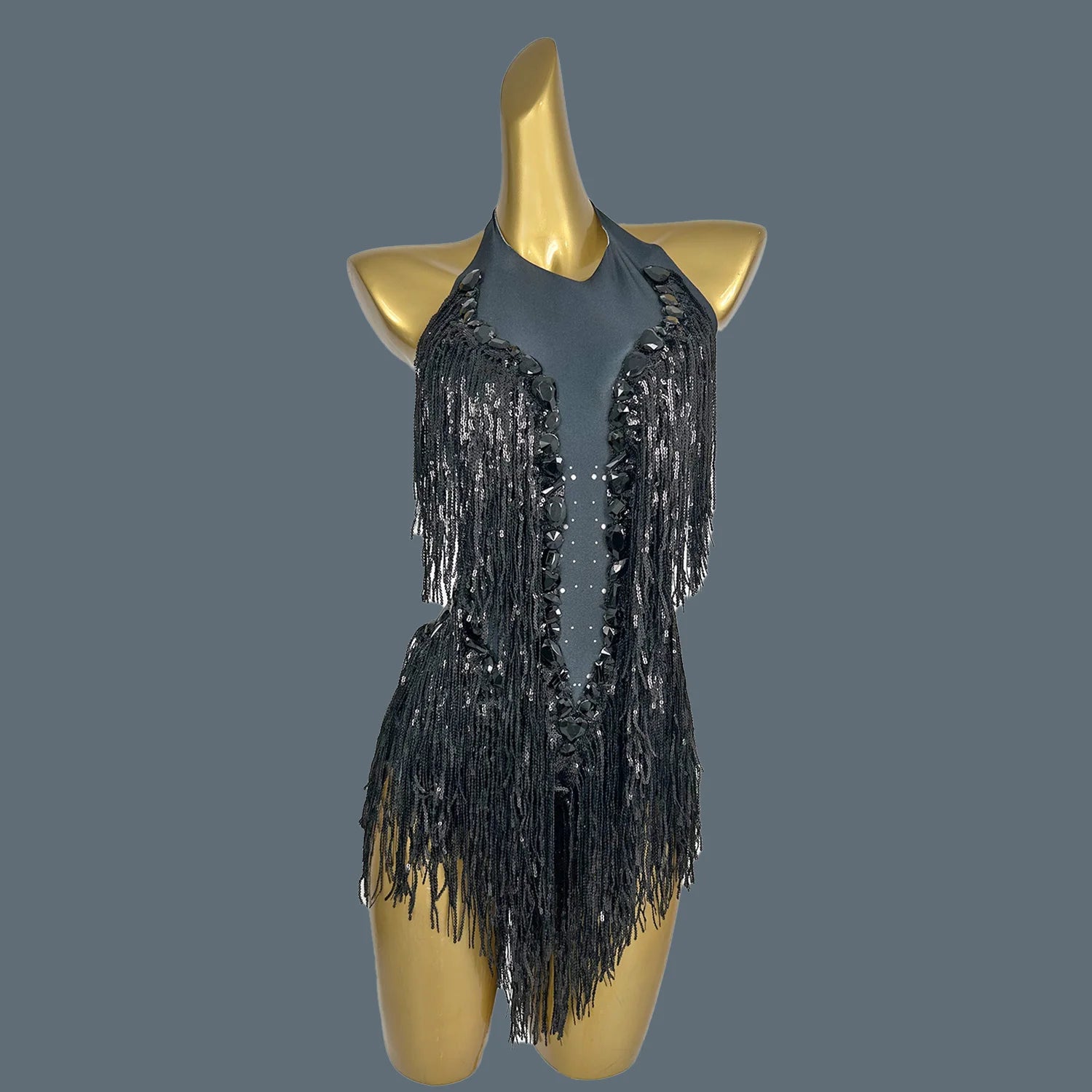 Shining Purple Fringes Luxury Diamonds Bodysuit Women Sexy Stretch Spandex Nightclub Stage Performance Dance Outfit Shuye black One Size