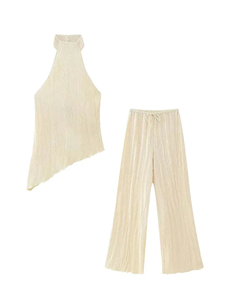 TRAF 2023 Women 2 Pieces Sets Fashion Asymmetric Halter Top Women Suit Casual Ruched Long Pants Set Womens Outfits