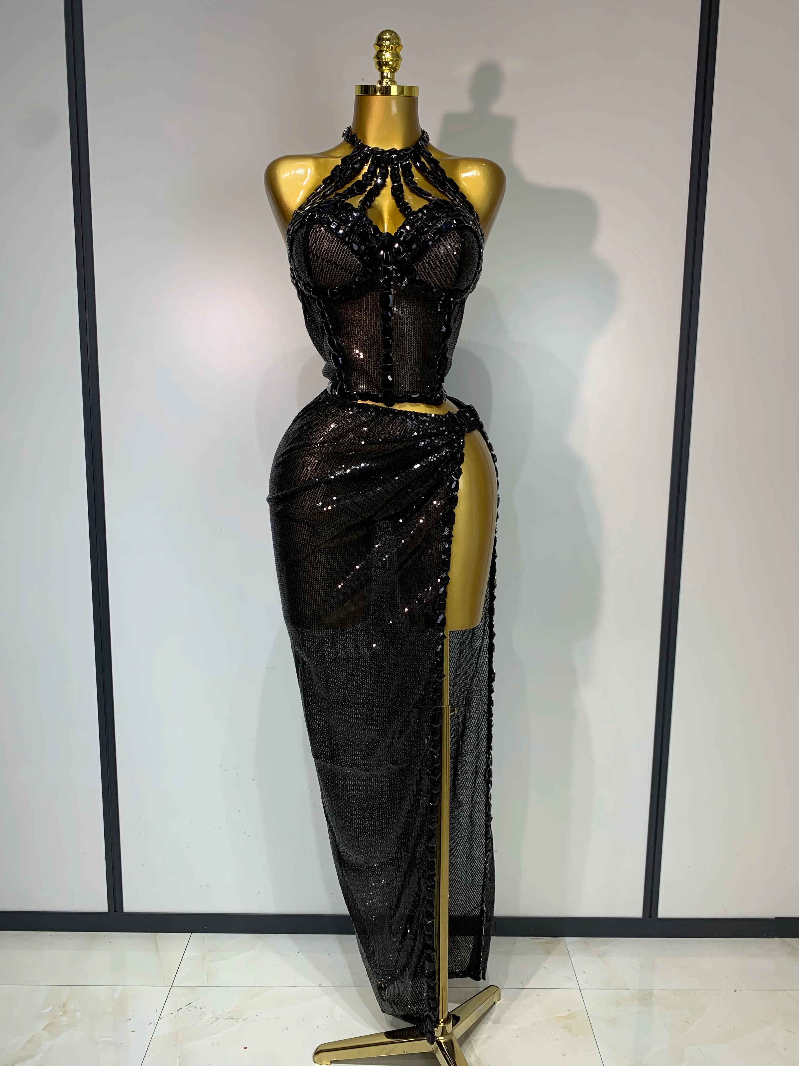 Sexy Backless Shiny Diamond Two Piece Set 2025 Women Elegant Evening Party Luxury Birthday Nightclub Singer Stage costume black