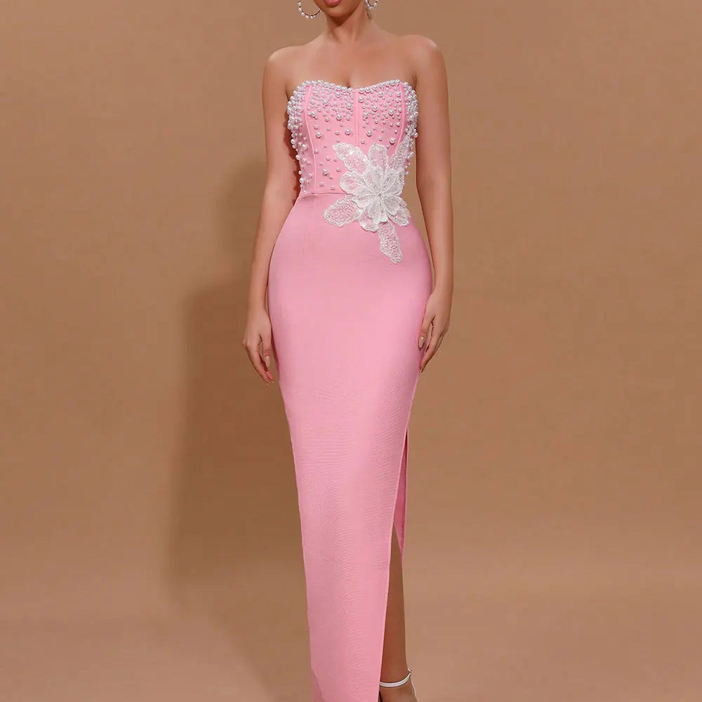 2025 Spring Sexy Women's 3D Flower Pearl Bandage Dress Strapless Sleeveless Bodycon Backless Long Dress Club Party Vestidos