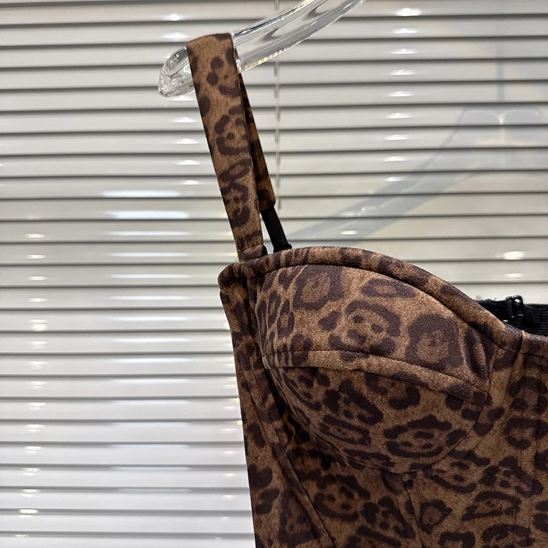 Winter New Fashion Suede Leopard Print Fishbone Waist Cinching Chest Pad Camisole For Women Tank Tops Female 11A07581