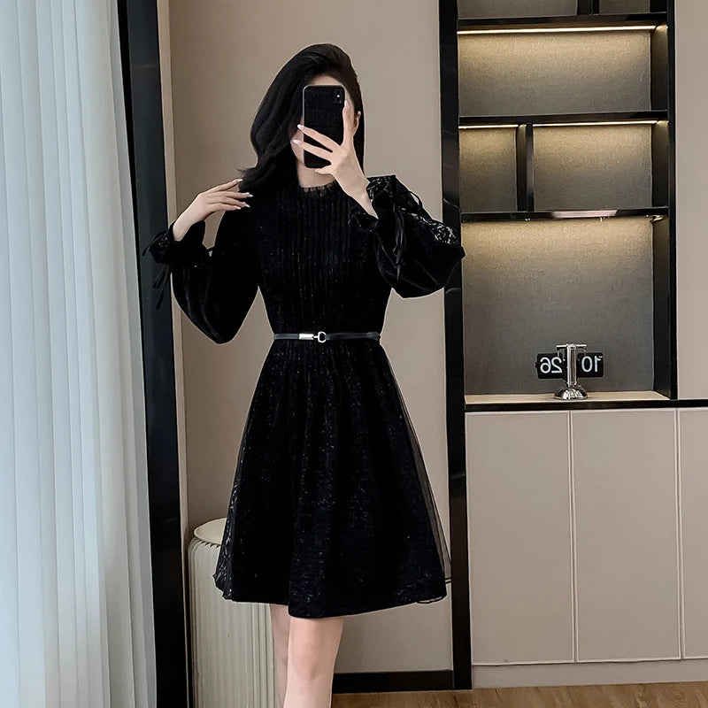 Coigarsam Women's Black Dress - Patchwork O-Neck, Mesh Sequins - Chic Evening & Party Fashion