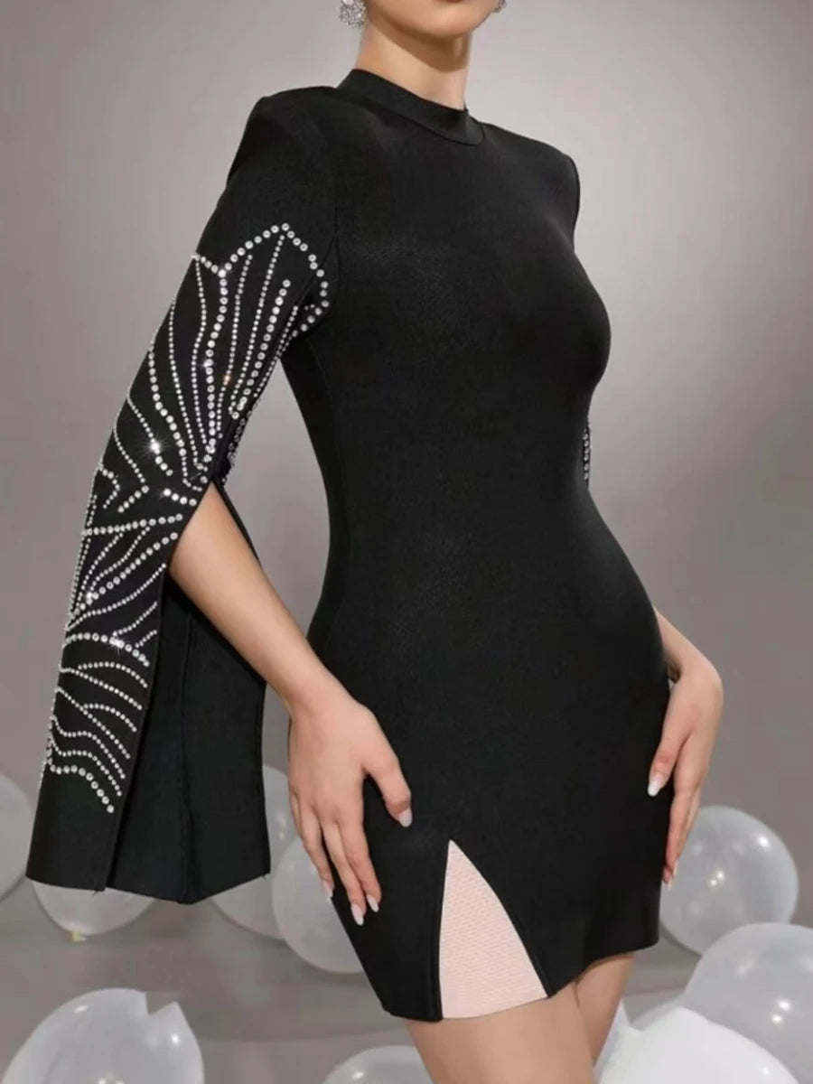 Solid Slimming Temperament Dresses for Women Round Neck Long Sleeves Patchwork Diamonds Dress Female Clothing New