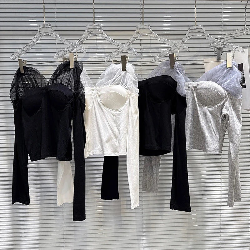 Winter New Fashion Sweet Mesh Patchwork Design Chest Pad Long Sleeve T-Shirt For Women Slim Fit Tops Female 11A07751