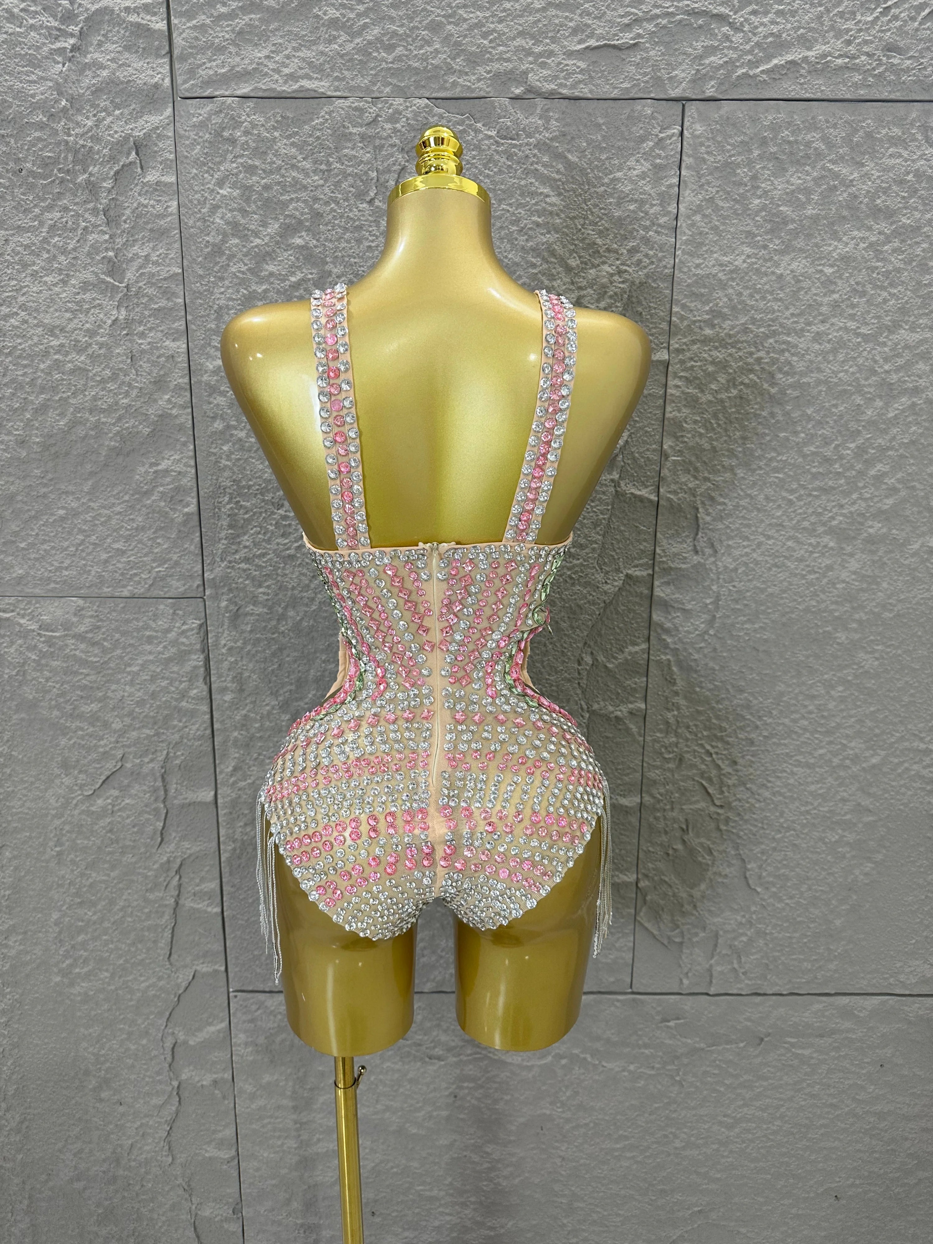 Sexy 2026 Crystal Bodysuit Women Sexy U-Neck Sheer Mesh Cutout Rhinestone Fringe Bodycon Outfit Nightclub Party Costume