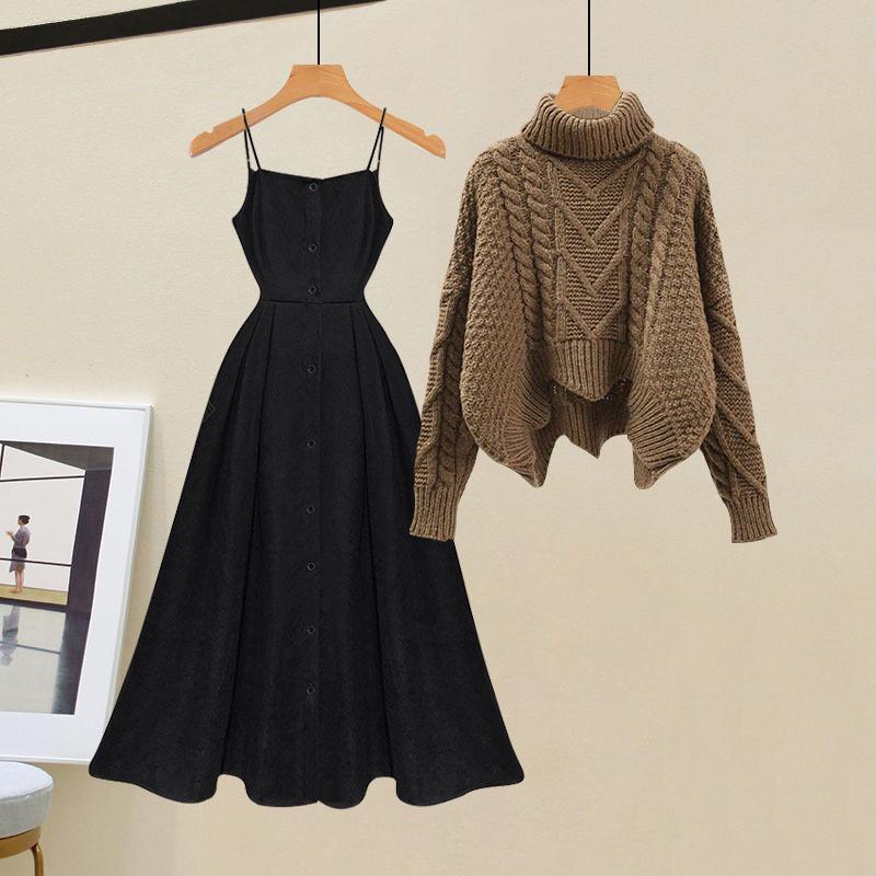 Women's Spring Autumn Single/outfits 2024 New Age Reducing Slim Covering Sweater with Waist Wrapped Dress Two Piece Set Set-03