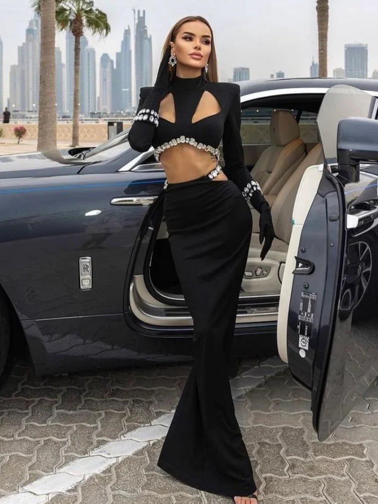 STOCK Stylish Luxury Diamonds Woman Bandage Set Sexy Hollow Out Short Top And Mermaid Long Skirt 2 Pieces Evening Party Vestido