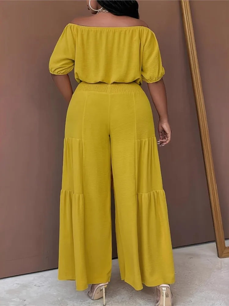 Plus Size Summer 2 Two Piece Set Women Casual Fashion Ladies Cropped Blouses Wide Leg Loose Pleated Woman Long Pant