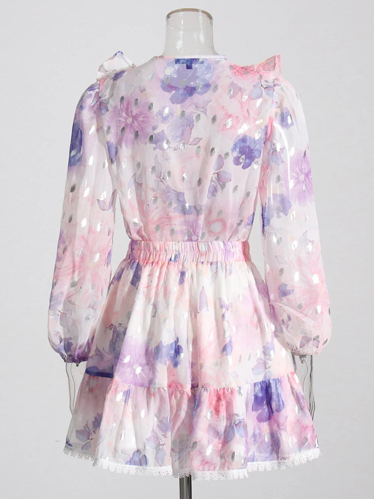 Colorful Two Pieces Set For Women Round Neck Long Sleeve Top High Waist Mini Skirts Summer Mesh Set Female 2024 Clothing New