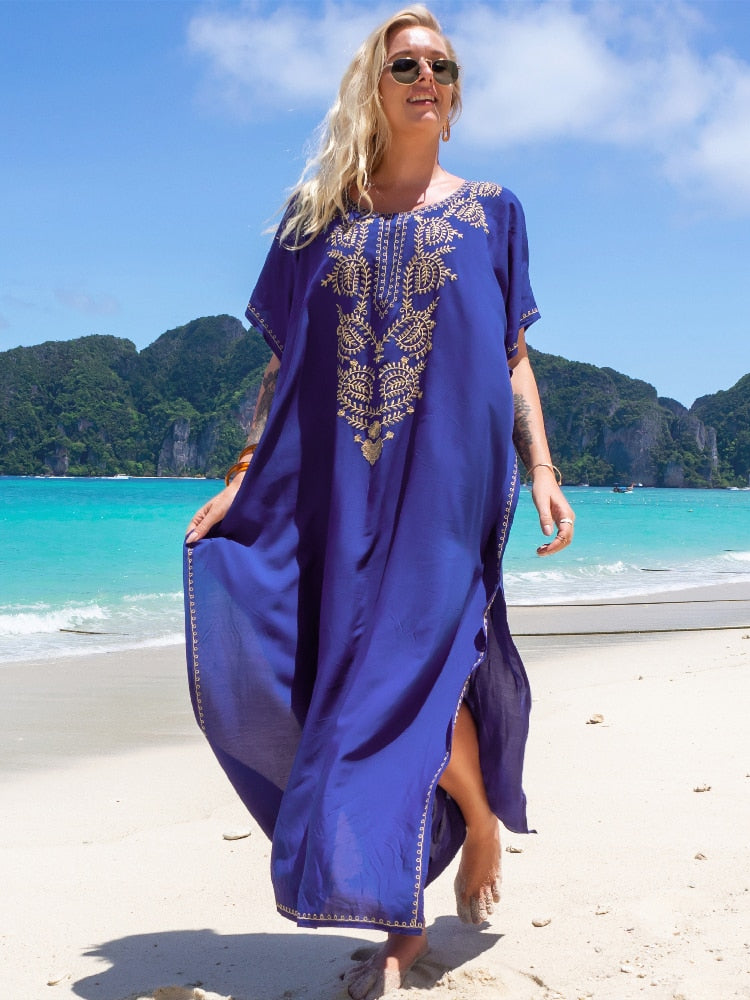 Vintage Embroidery Kaftan Sexy V-neck Batwing Sleeve High Waist Maxi Dress Tunic Women Clothing Summer Beach Dresses Q660