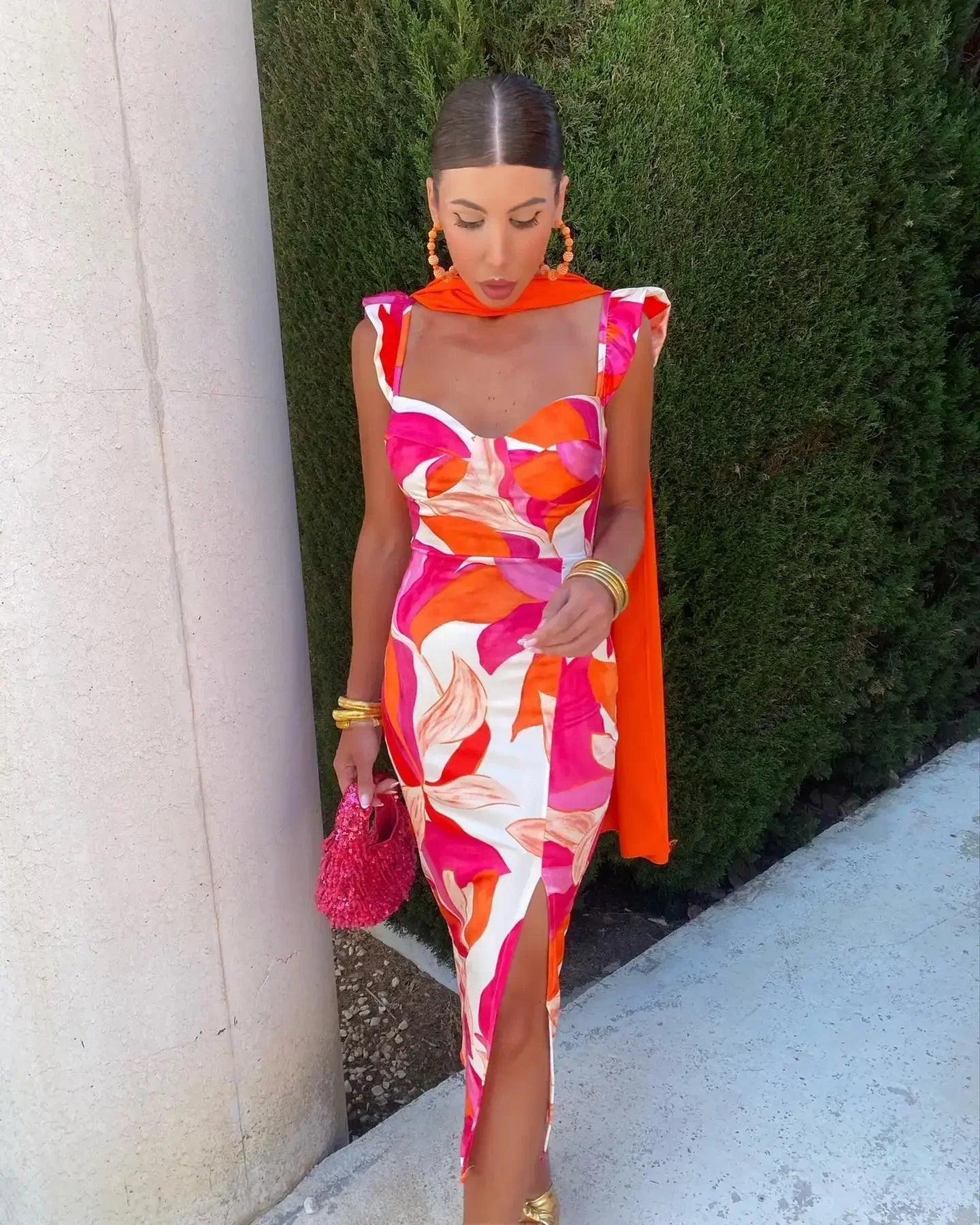 Fashion Print Fly Sleeve Midi Dress For Women Elegant Square Neck Sheath Split Dresses Female Vintage High Street Vestidos