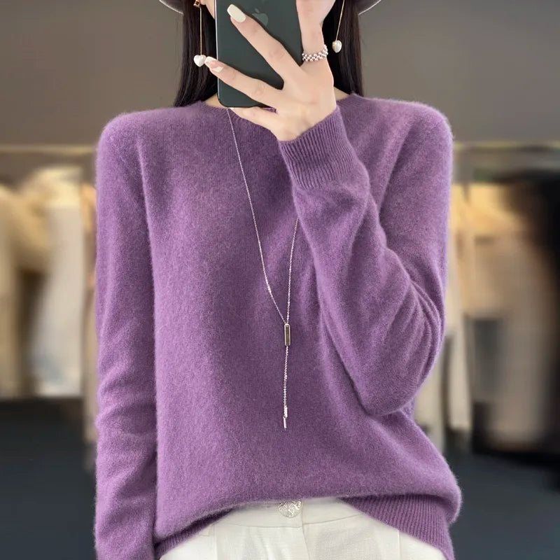 Women 100% Pure Merino Wool Knitted Sweater Autumn Winter Fashion O-Neck Top Cashmere Warm Pullover Seamless Jumper Clothes