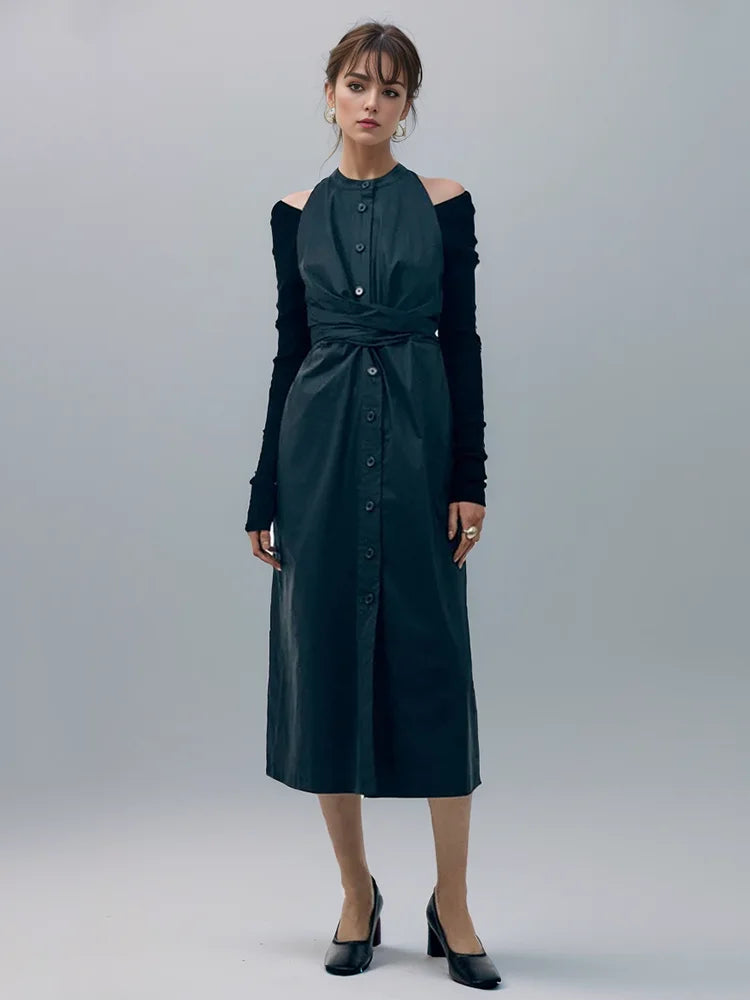 DEAT Fashion Women's Dress Round Collar Sleeveless Single Breasted Lace-up Solid Color Slim Dresses Spring New Tide 7AB3831