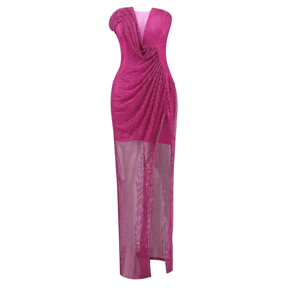 Hot Pink Strapless Sleeveless V-Neck Dress with Slit for Parties Evening Gown Pink
