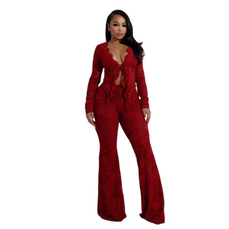CM.YAYA 2025 Women's Set Long Sleeve Lace See Through Shirt + Long Pants Street Evening Sexy Two 2Piece Sets Outfits Tracksuit