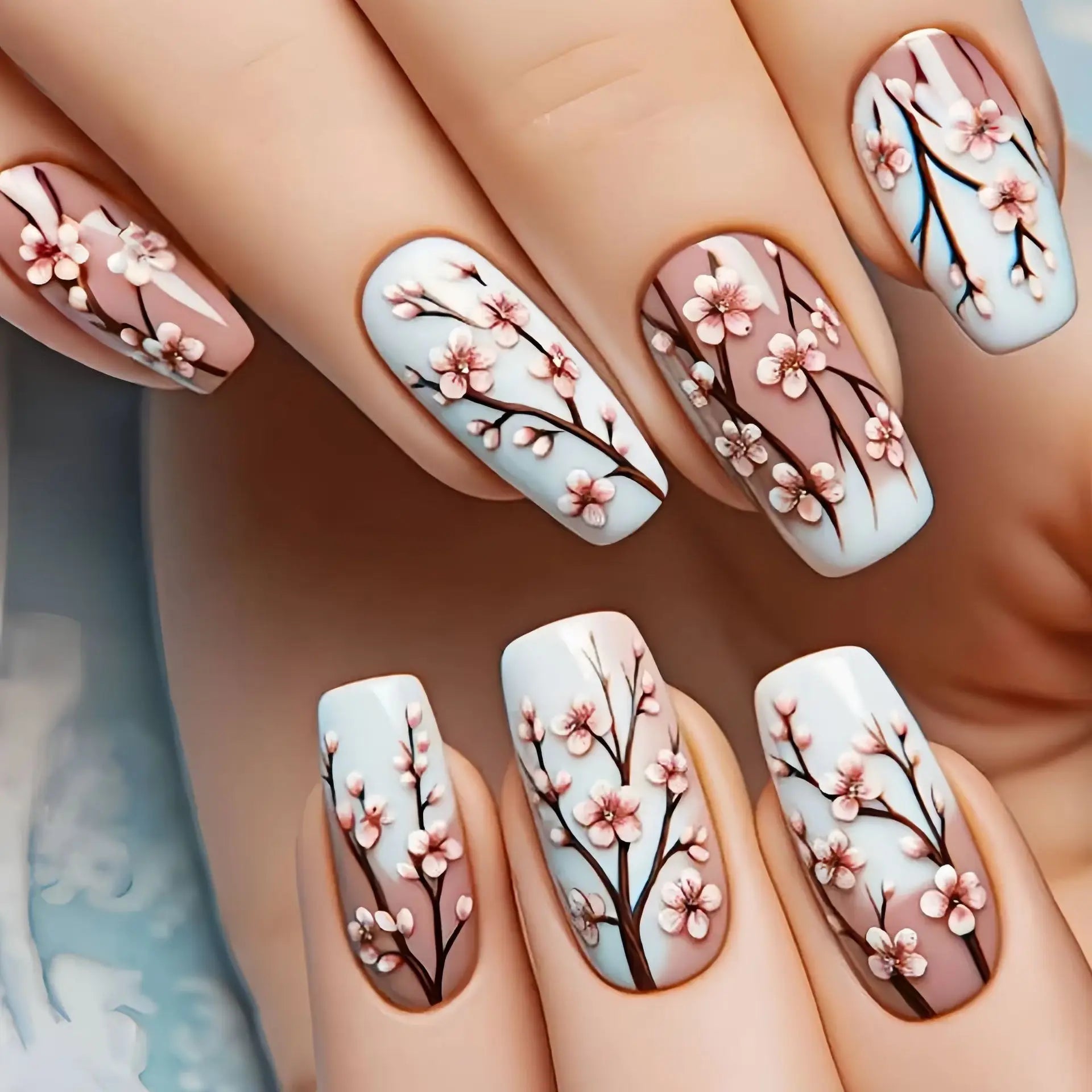 24pcs/set Medium long fake nails Gradient blue ocean fish sun flowers butterfly square ballet summer tips press on false nail 2361