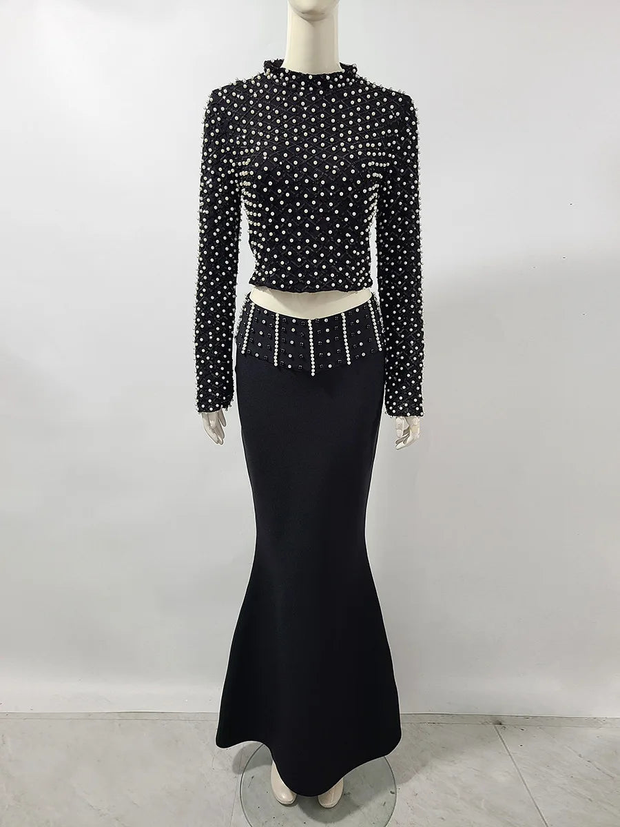 Women Long Sleeve Sexy Beading Tops 2 Pieces Bodycon Bandage Skirt Set Elegant Evening Party Celebrate Outfit black
