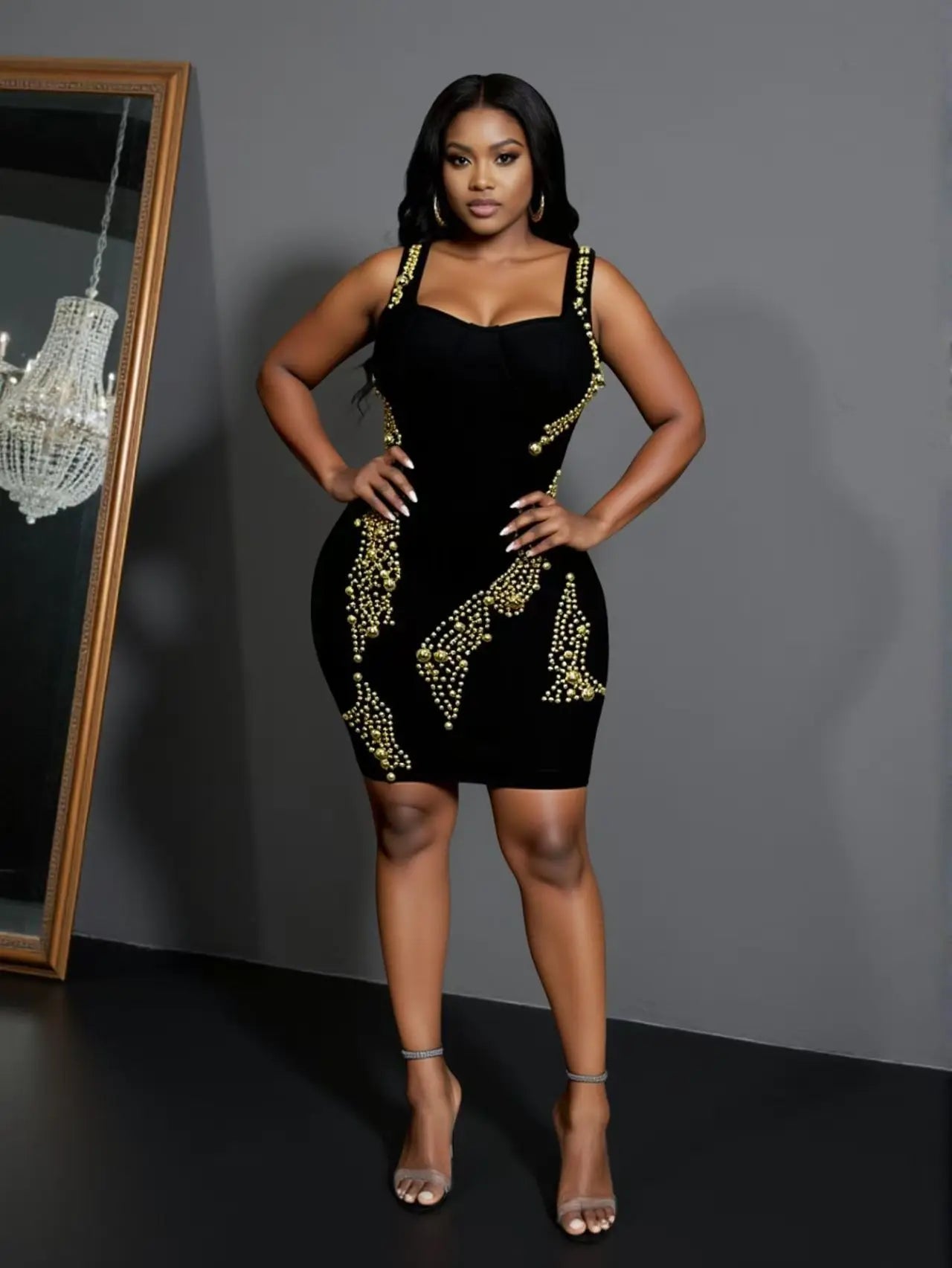 Women Sleeveless Sexy Square Collar Beading Bodycon Mini Bandage Dress Nightclub Party Celebrate Birthday Outfit Vestido