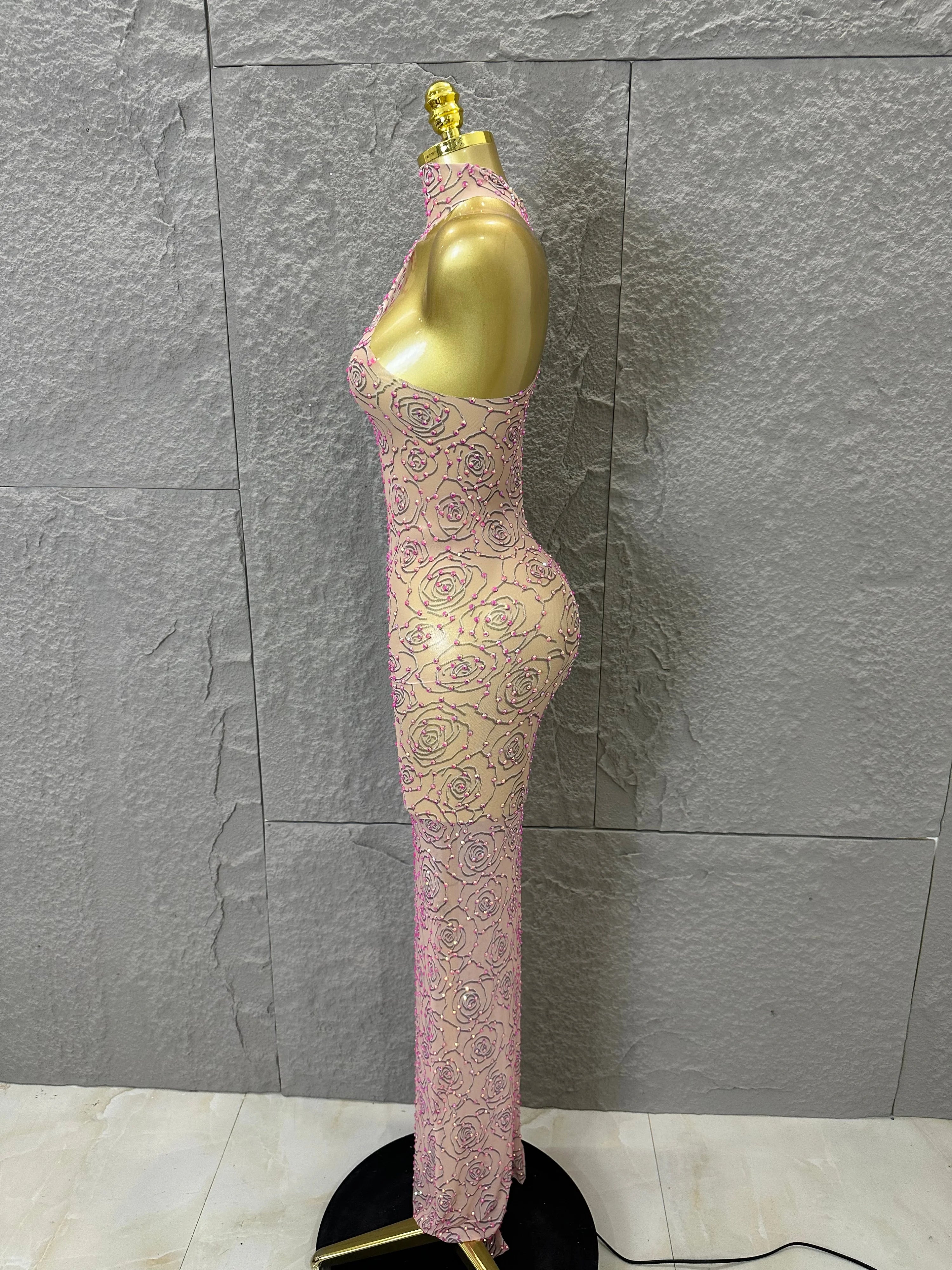 Sexy Glamorous Nude Halter Neck Maxi Dress Sheer Mesh 3D Rose Beaded Embellished Bodycon Nightclub Party Outfit