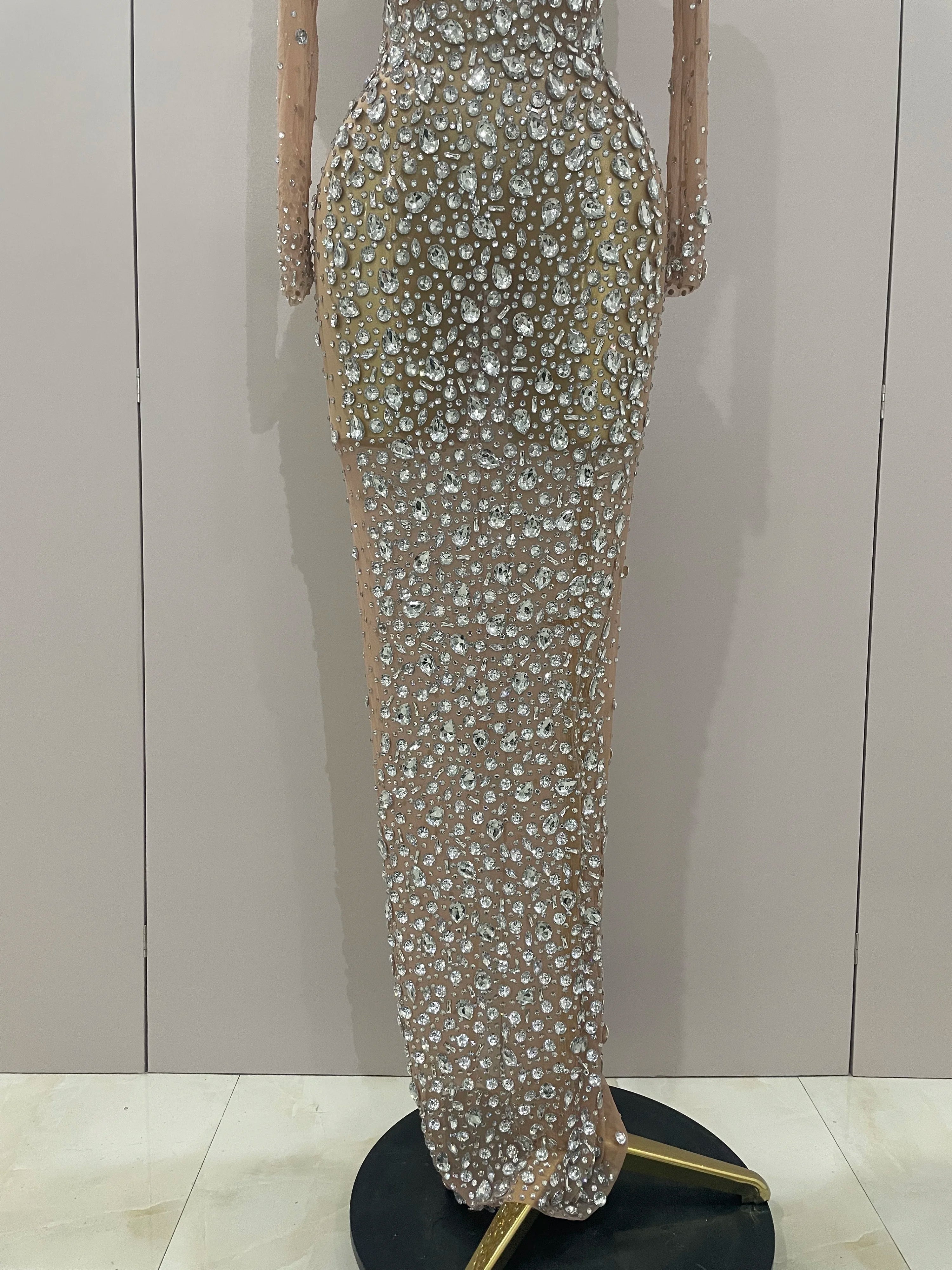Sparkly Silver Big Rhinestone Sexy Transparent Long Dress 2025 Women Evening Birthday Party Celebrate Club Dancer Stage Costume