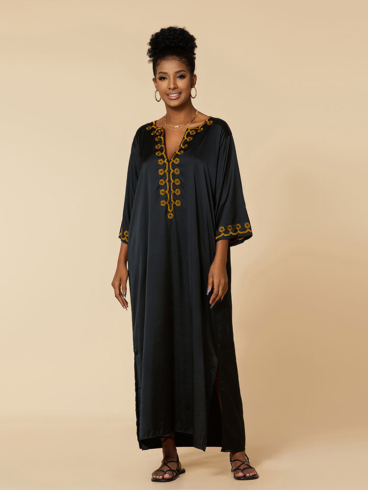 Vintage Embroidery Kaftan Sexy V-neck Batwing Sleeve High Waist Maxi Dress Tunic Women Clothing Summer Beach Dresses Q660 Q1514 One Size