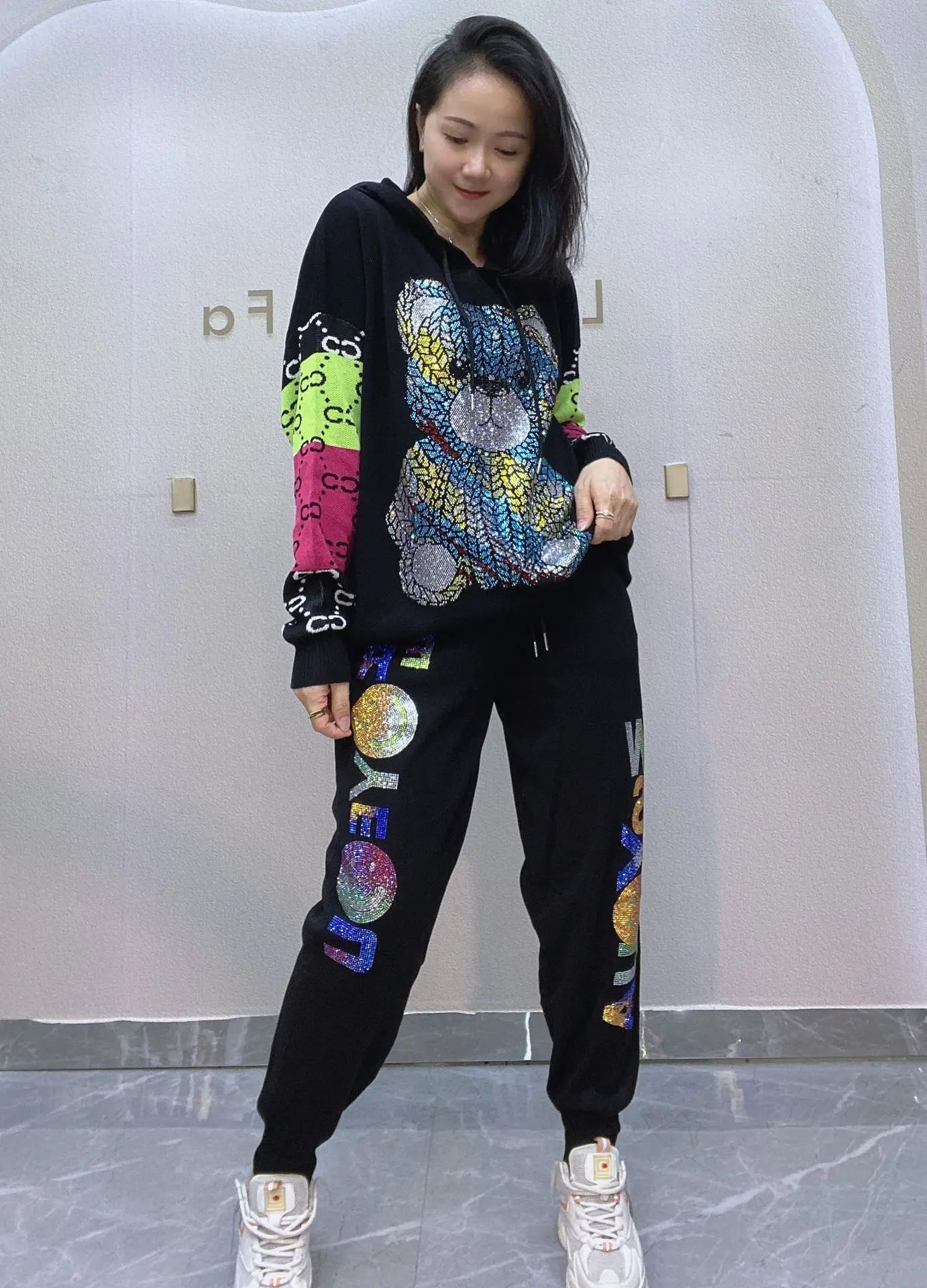 Colorful Bear Diamonds 2 Piece Sets Womens Outfits Letter Print Casual Tracksuit Women Autumn Loose Hooded Sweater Joggers Femme