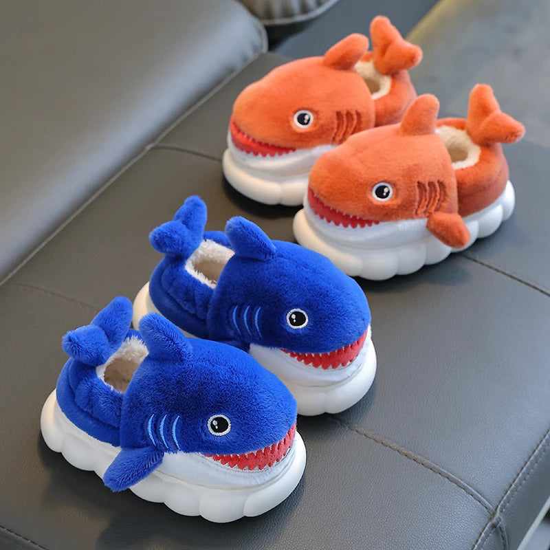 Winter Wrap Heels Cute Cartoon Shark Cotton Slippers Children's Non-slip Soft For Kids Girls Boys Baby Warm Plush Home Shoes