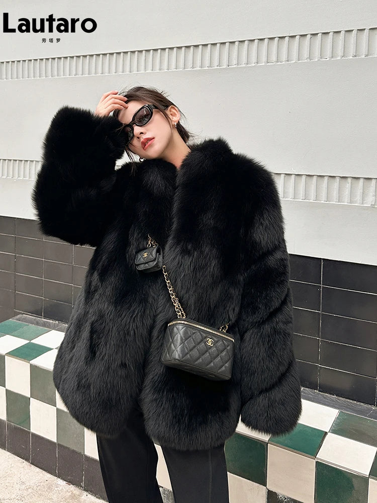 Autumn Winter Black Thick Warm Soft Hairy Shaggy Faux Fox Fur Coat Women Stand Collar Luxury Designer Fluffy Jacket 2024