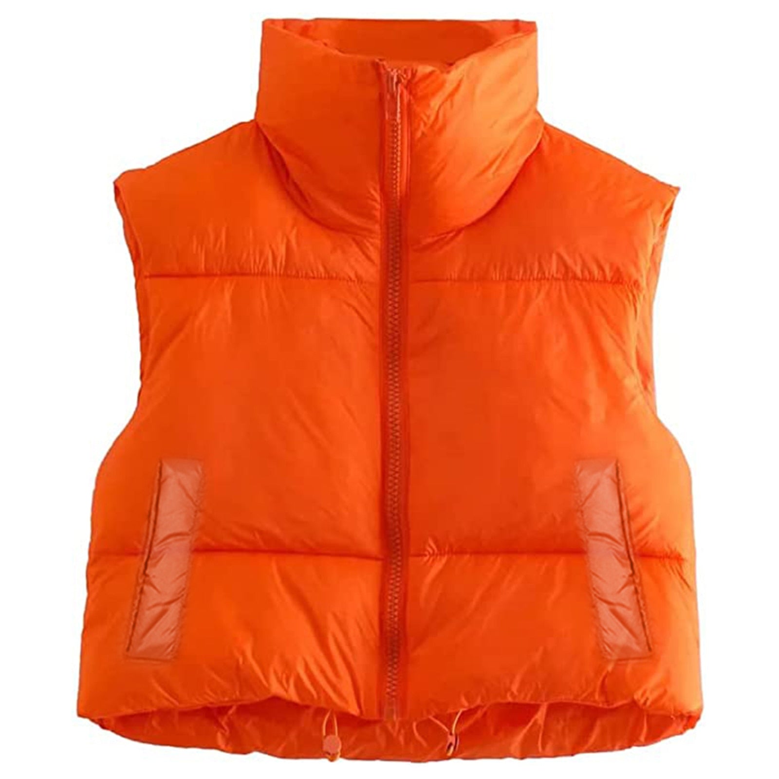Women Winter Warm Crop Waistcoat, Sleeveless Stand Collar Double Sided Lightweight Puffer Vest Orange